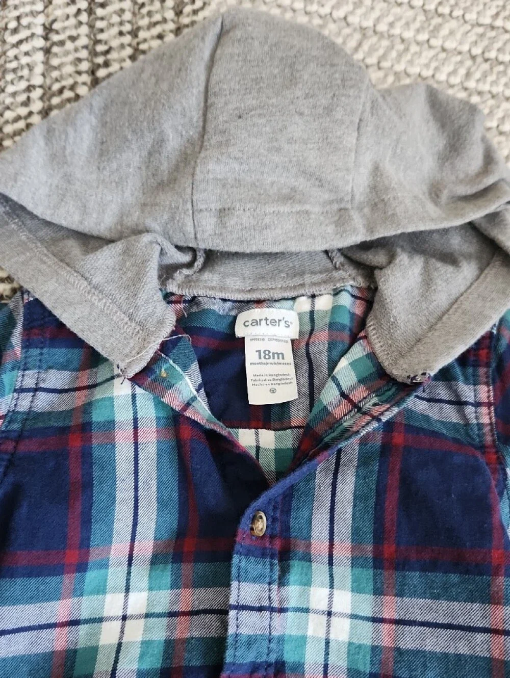 Carter's Plaid Hooded Button-Down Shirt - Navy, Teal, Red